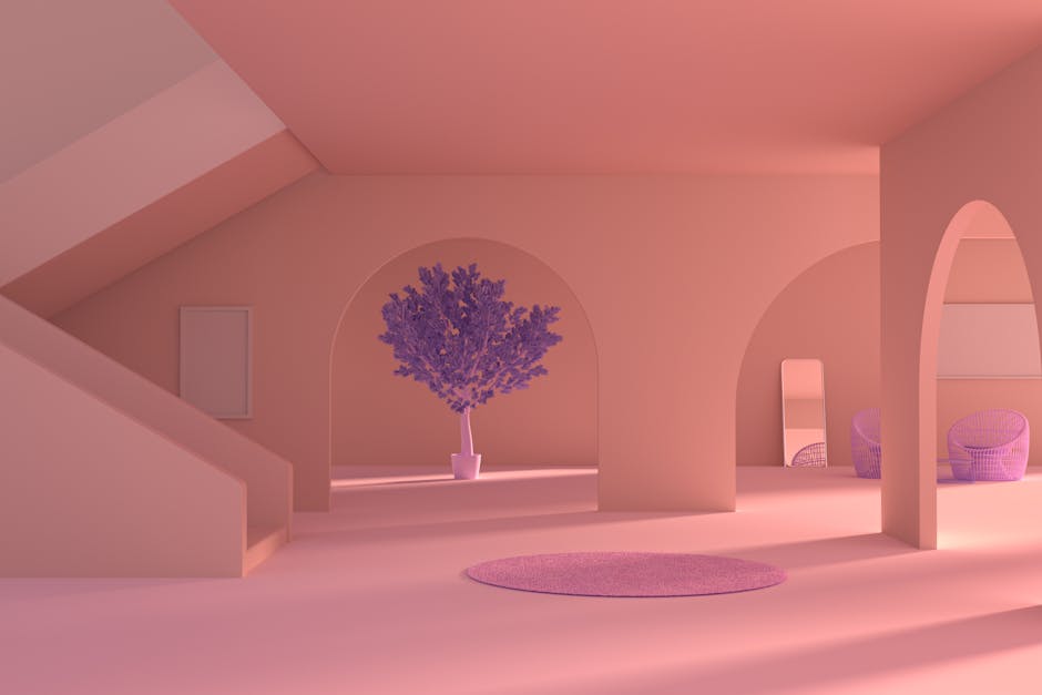 A serene minimalist interior space with arched openings and violet accents, perfect for modern design inspiration.